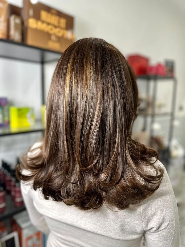 Brunette with soft caramel ribbons, by Rebecca