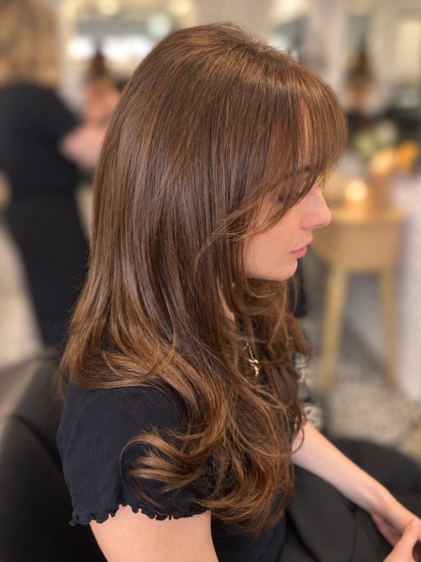 Warm copper brown with a curtain fringe, by Rebecca